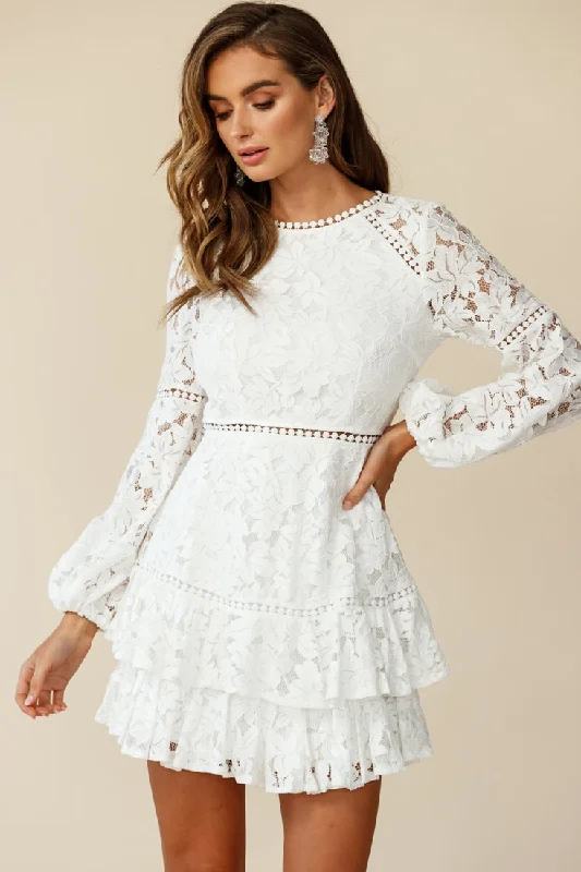 Henrietta Lace Overlay Long Sleeve Ruffle Dress White Cashmere