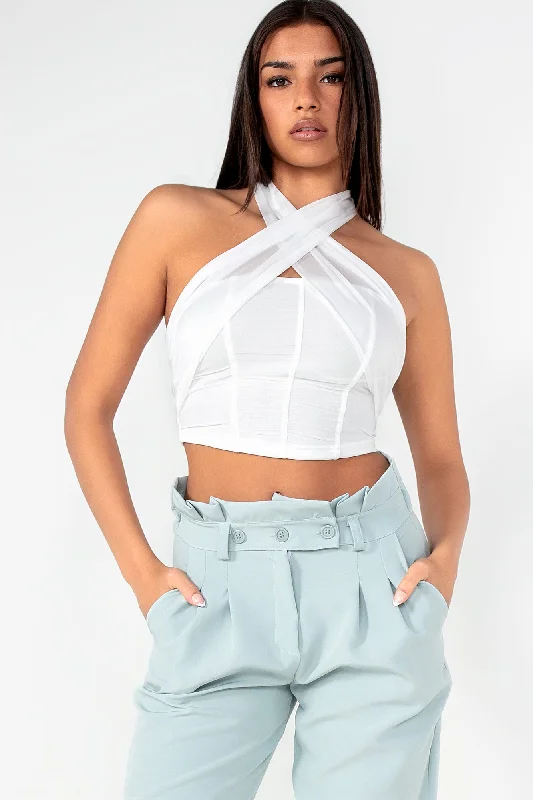 Gianna White Mesh Halter Neck Top Athletic Women's High - 