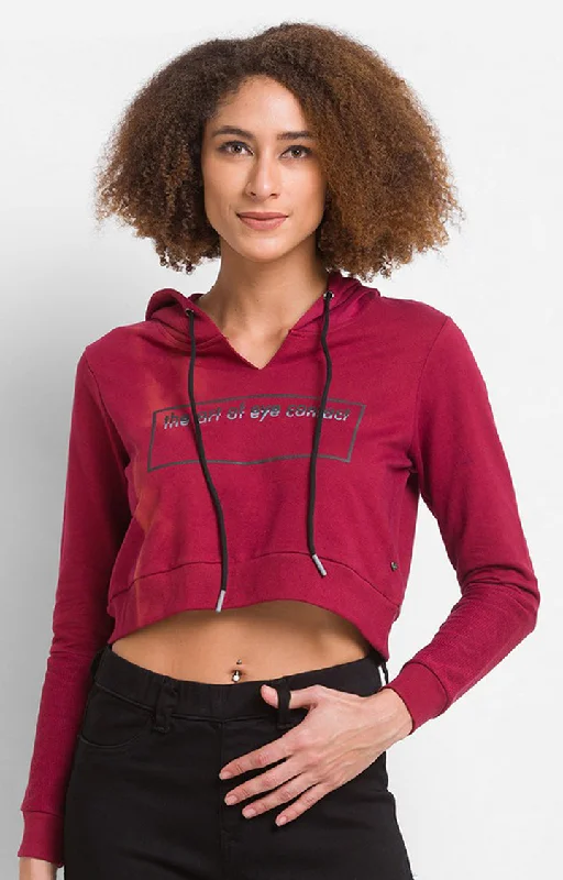 Spykar Wine Cotton Blend Full Sleeve Hooded Sweatshirts For Women Street