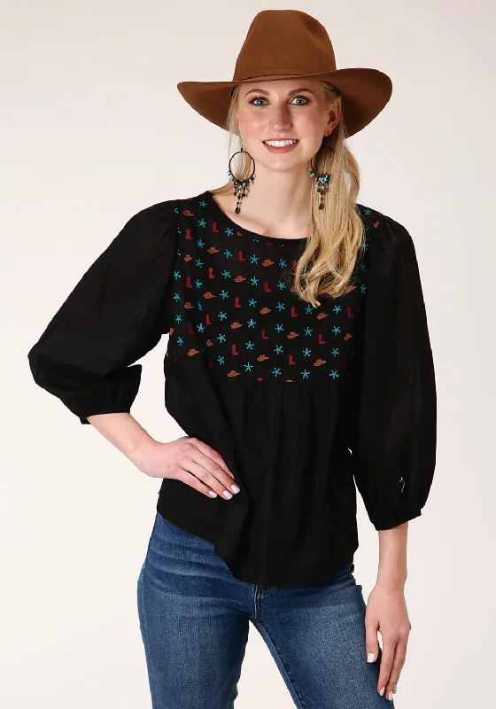 Roper Womens Black 100% Cotton Boots and Stars 3/4 Sleeve Blouse Cool Women's Distressed