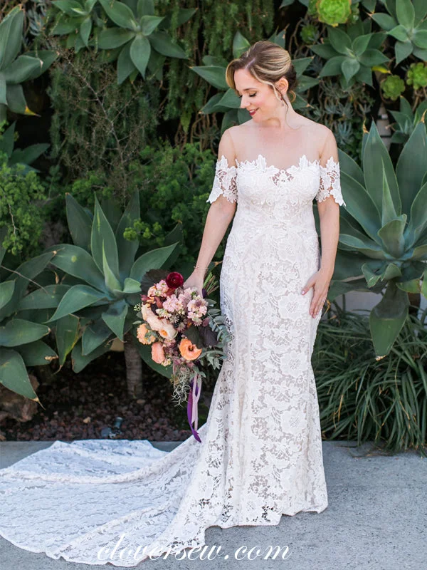 Off The Shoulder Lace Mermaid With Train Vintage Wedding Dresses, CW0364 Laid - back Women's Style Off The Shoulder Lace Mermaid With Train Vintage Wedding Dresses, CW0364 Laid - back Women's Style
