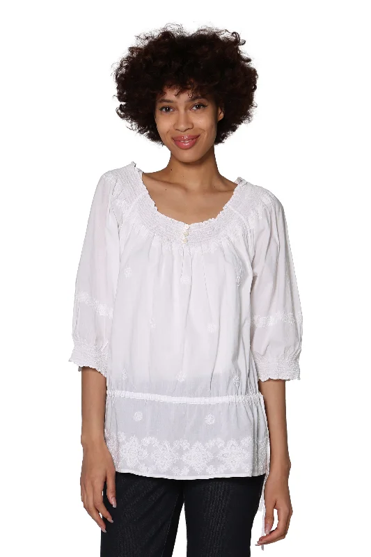 La Cera Hand-Embroidered Smocked Top Preppy Women's College