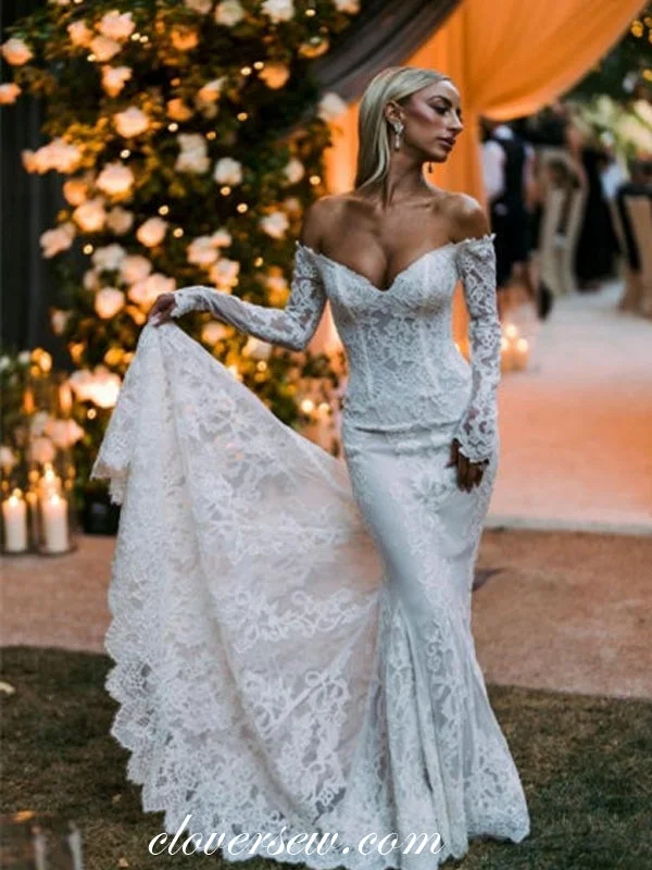 Vintage Lace V-neck Off The Shoulder Long Sleeves Mermaid Wedding Dresses, CW0367 Women Vintage Lace V-neck Off The Shoulder Long Sleeves Mermaid Wedding Dresses, CW0367 Women