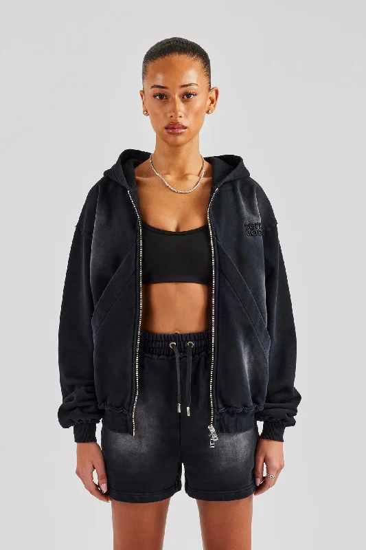 Washed Zip Through Panel Hoodie - Black Refined Women's Classic 
