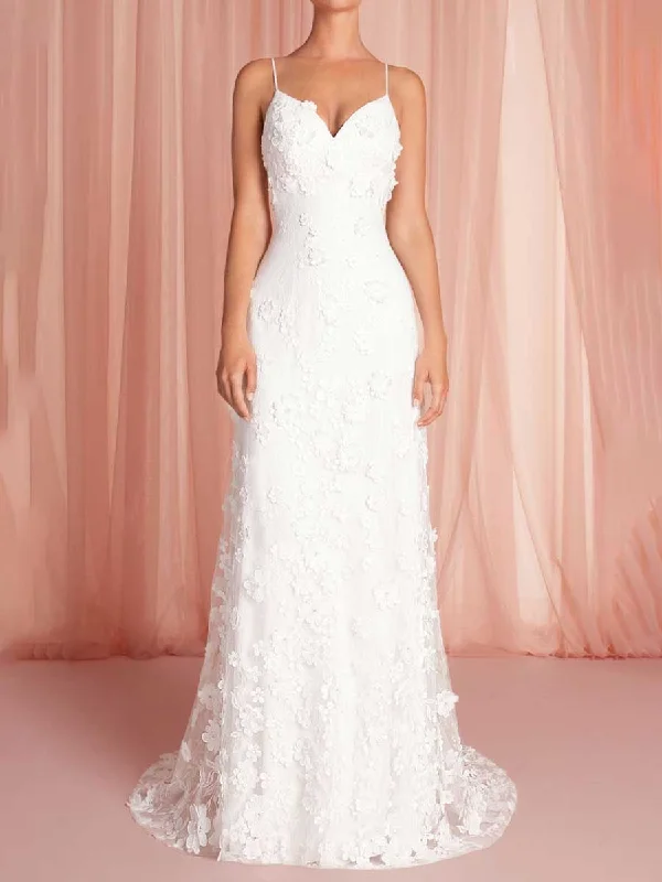 Flower Embroidered Wedding Dress V-Neck A-Line Applique Modern Women's 