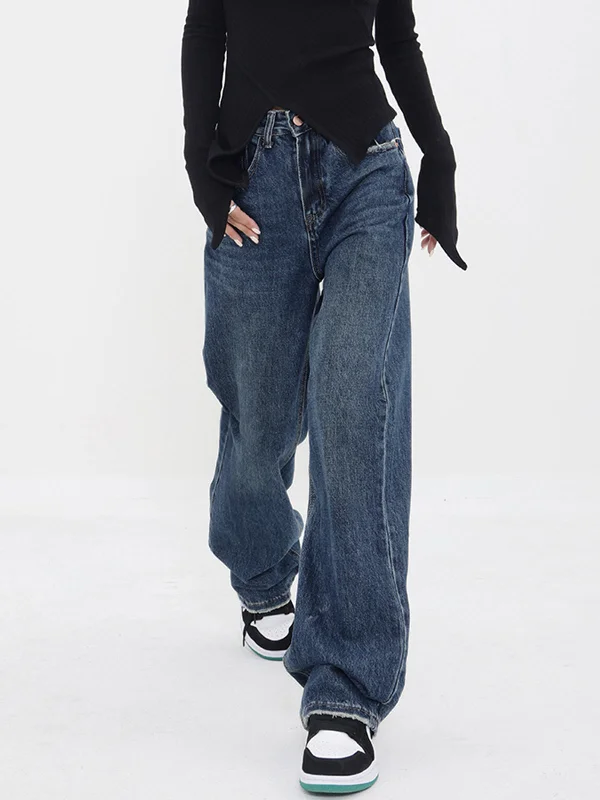 BerryBetty - Patchwork Pockets Denim Wide Leg Boyfriend Jeans Contemporary 