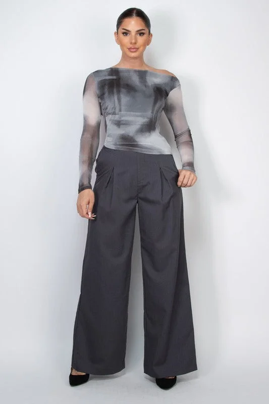 Pintuck Woven Wide Leg Pants in Grey Sophisticated Women's 