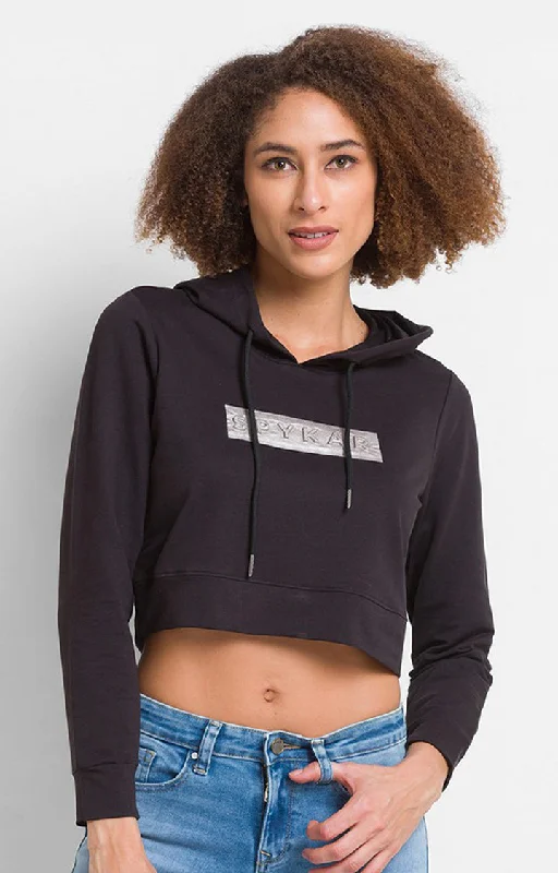 Spykar Black Cotton Blend Full Sleeve Hooded Sweatshirts For Women Women
