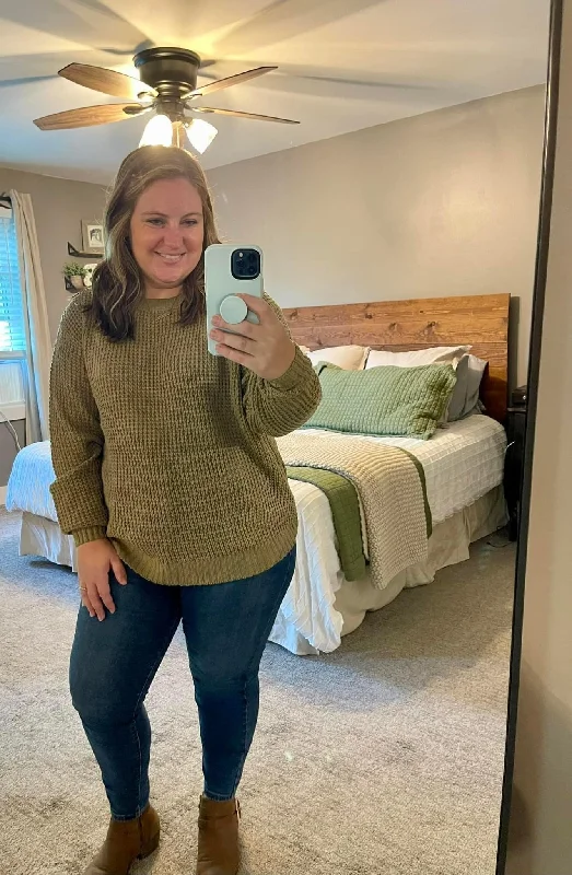 Plus Hi-Low Long Sleeve Round Neck Waffle Sweater Unique Women's Upcycled