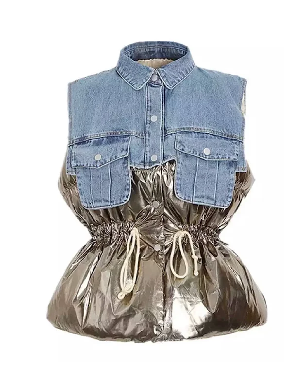 Half Denim Half Metallic Puff Vest Confident Women's High - fashion