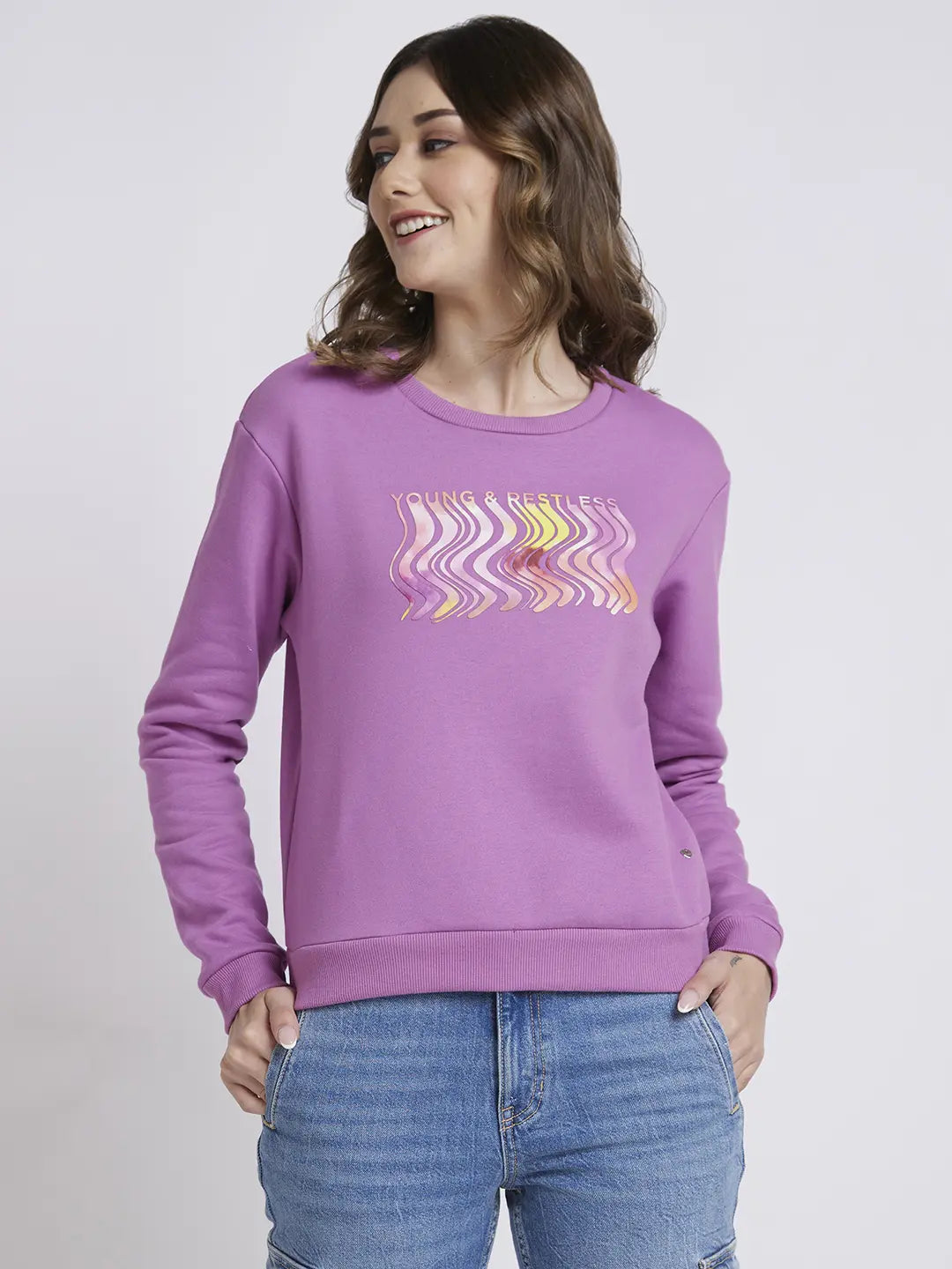 Spykar Women Digitallavender Blended Regular Fit Round Neck Printed Sweatshirt Trendy Women's Spykar Women Digitallavender Blended Regular Fit Round Neck Printed Sweatshirt Trendy Women's