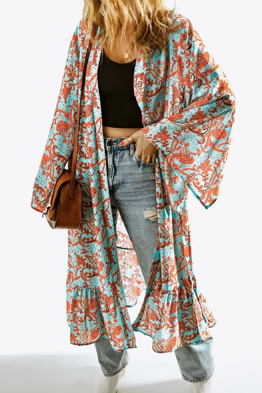 Printed Open Front Duster Cardigan Stylish Women's Neon