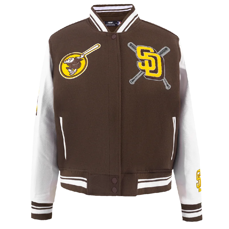 MLB SAN DIEGO PADRES MASHUP WOMEN'S RIB WOOL VARSITY JACKET (BROWN/WHITE) Feminine Women's Style 