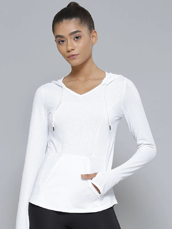 Fitkin Women White  Self Design Hooded Sports T-shirt Classic Women's Pin - striped