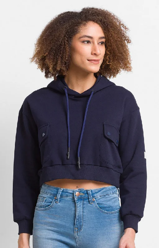 Spykar Deep Navy Cotton Blend Full Sleeve Hooded Sweatshirts For Women Sporty Women's Athleisure Spykar Deep Navy Cotton Blend Full Sleeve Hooded Sweatshirts For Women Sporty Women's Athleisure