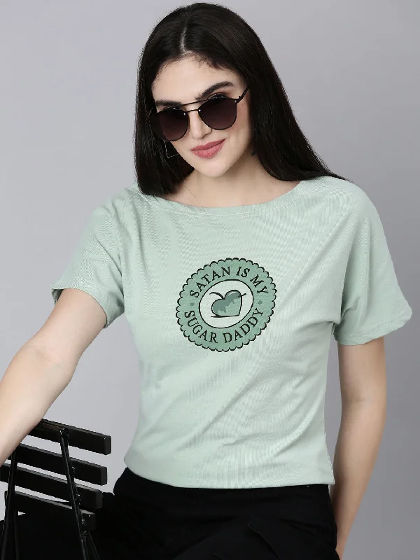 Women Sea Green Typographic Slim Fit Tshirt Preppy Women's College