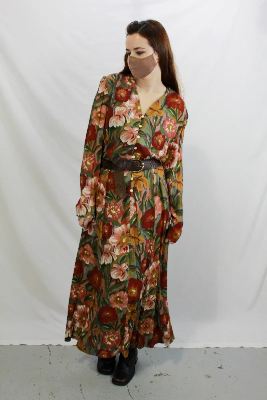 Vintage 1990s Deadstock Floral Rayon Maxi Dress, Medium Women