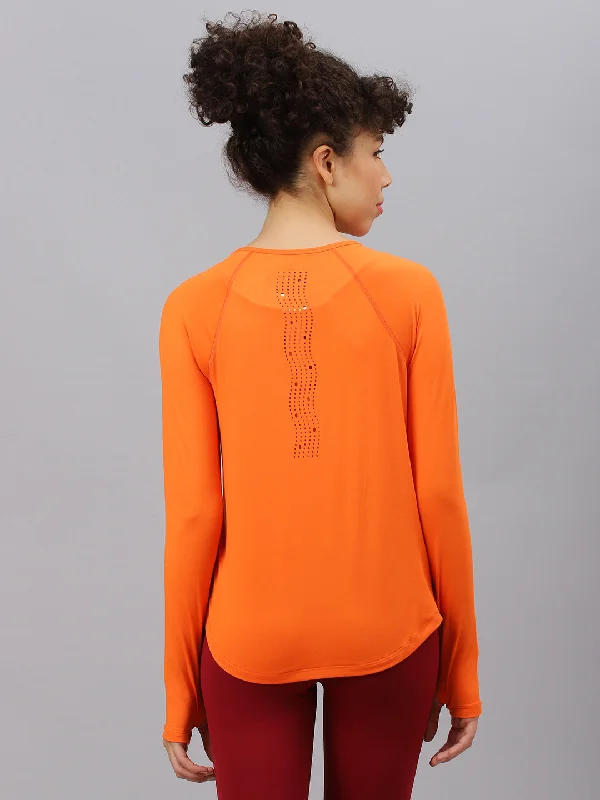 Fitkin women's orange round neck back laser cut design full sleeves t-shirt Monochromatic Office Style