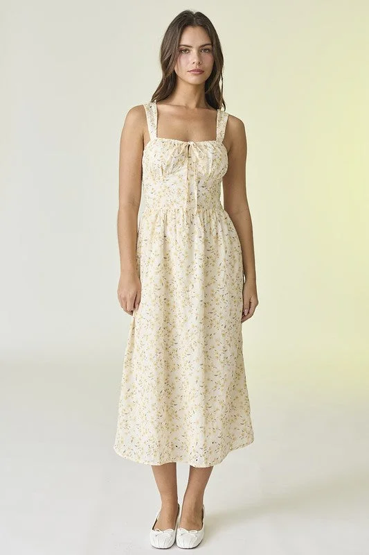 Allison Floral Eyelet Midi Dress Casual Women's Loose - fitting