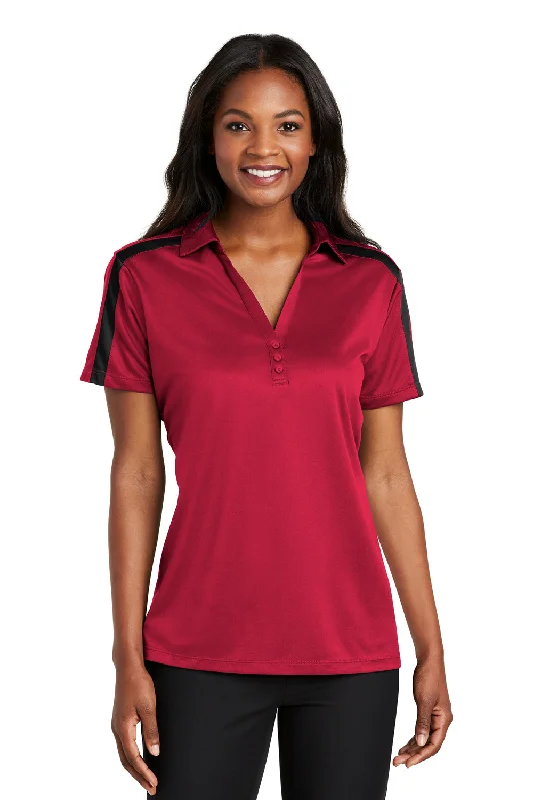 Port Authority Womens Silk Touch Performance Moisture Wicking Short Sleeve Polo Shirt - Red/Black Refined Women's Velvet