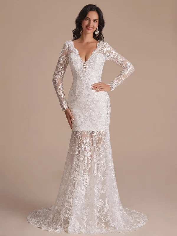 Long Sleeves V-neck Mermaid Backless Lace Wedding Dresses European