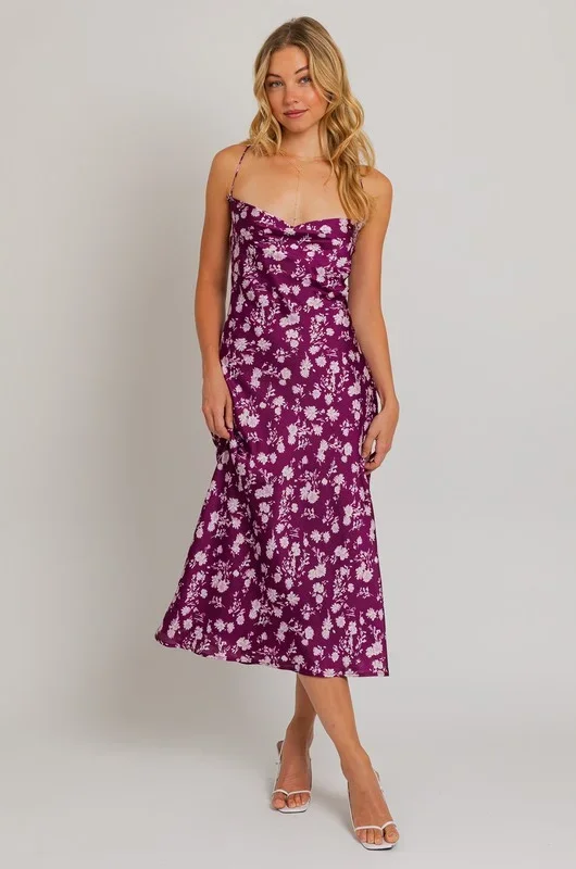 Purple Floral Satin Midi Dress Earthy Women's Hemp - based