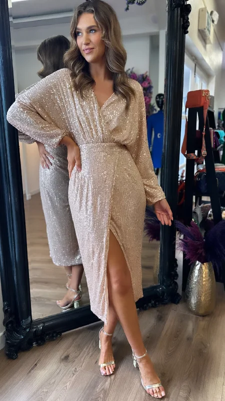 Katarina Gold Sequin Long Sleeve Sequin Midi Dress Classic Women's Tweed