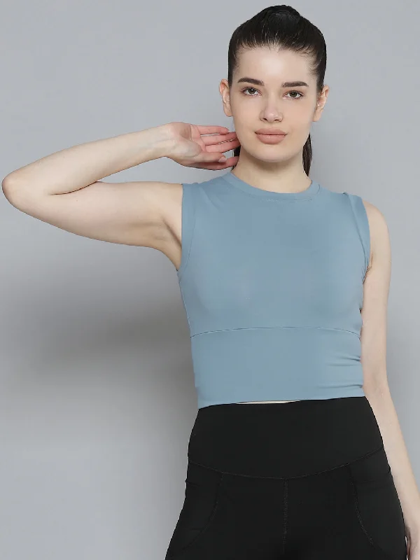 Women's Blue Solid Slim Fit Quick Dry Training Crop T-shirt Luxurious Women's High -  end