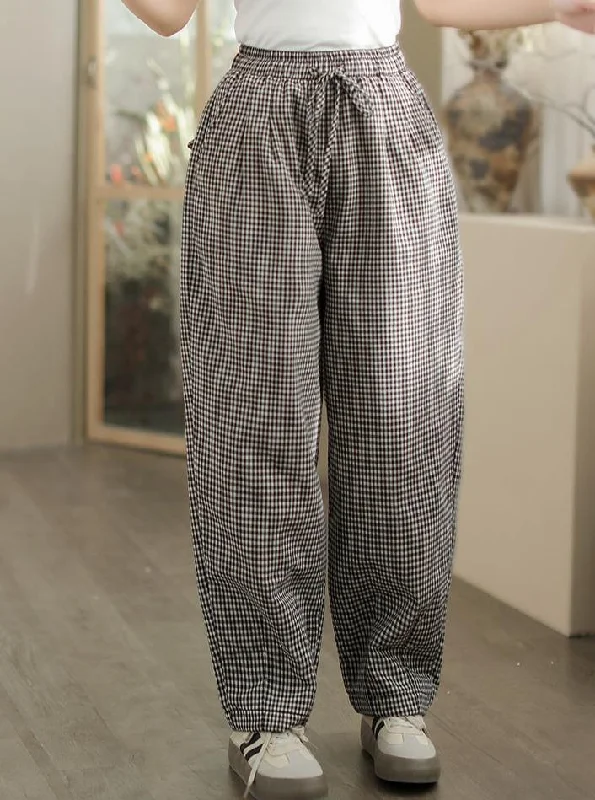 Casual Loose Plaid Elastic Waist Padded Cotton Pants for Women Dapper Women's Bow - adorned Casual Loose Plaid Elastic Waist Padded Cotton Pants for Women Dapper Women's Bow - adorned