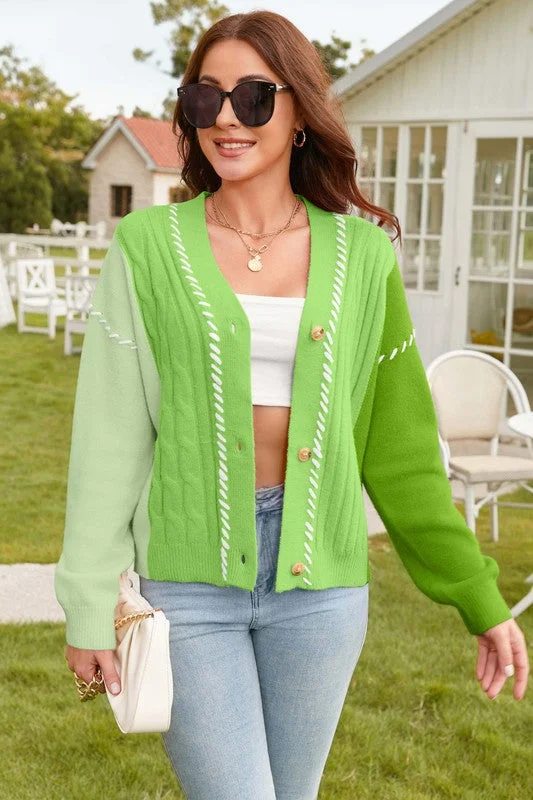 Color Block Patchwork Embroideried V Neck Sweater Modern Women's Tech