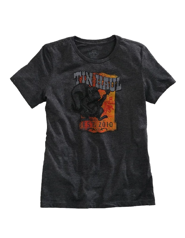 Tin Haul Womens Grey Cotton Blend Squirrel Nut S/S Retro T-Shirt Classic Women's Pin - striped