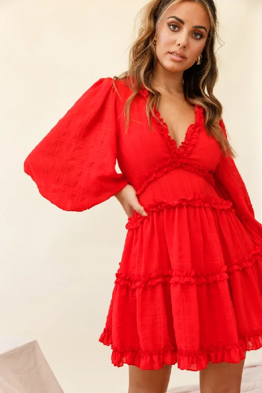 Laney Cutout Back Ruffle Trim Dress Red Laid - back Women's Vibe