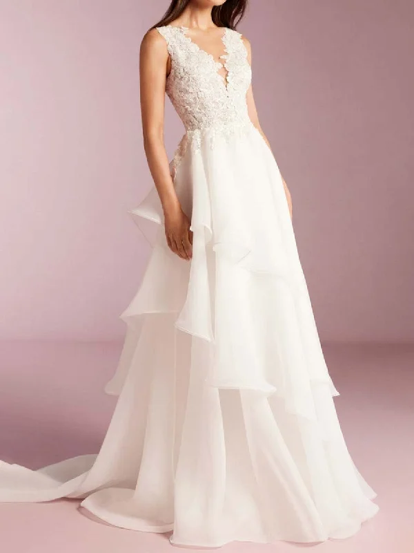 Layered Ruffle Wedding Dress Organza A-line V-Neck Scandinavian