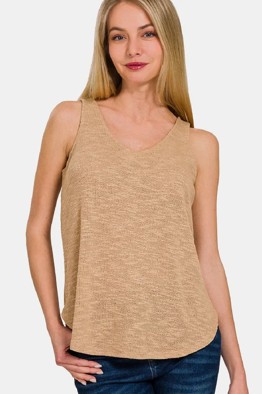 Zenana V-Neck Curved Hem Tank Cool Women's Distressed