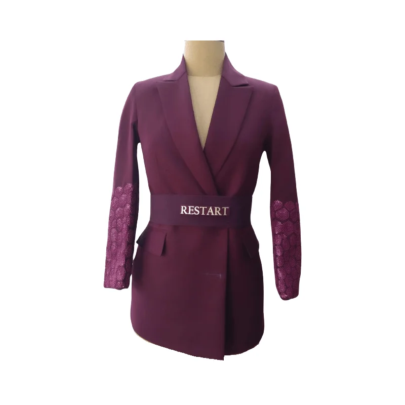 Wine Embroidered Blazer with Belt Monochromatic Office Style