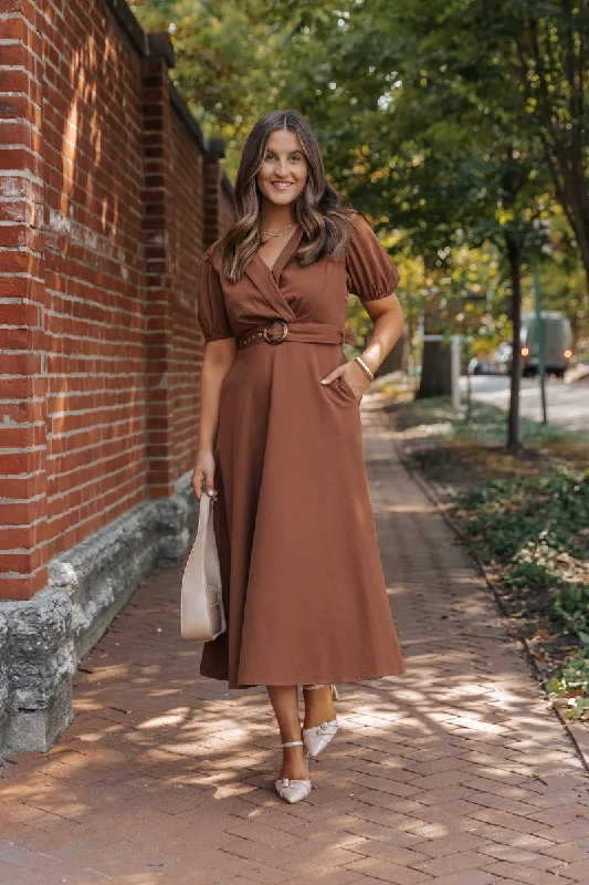 True Autumn Brown Belted Midi Dress - FINAL SALE Geometric