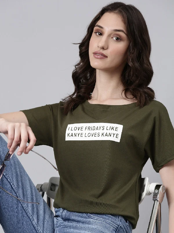 Women Olive Typographic Slim Fit Tshirt Stylish Women's Neon