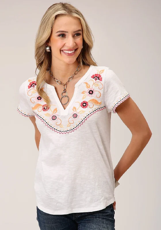 Roper Womens Banded Collar White 100% Cotton S/S T-Shirt Street