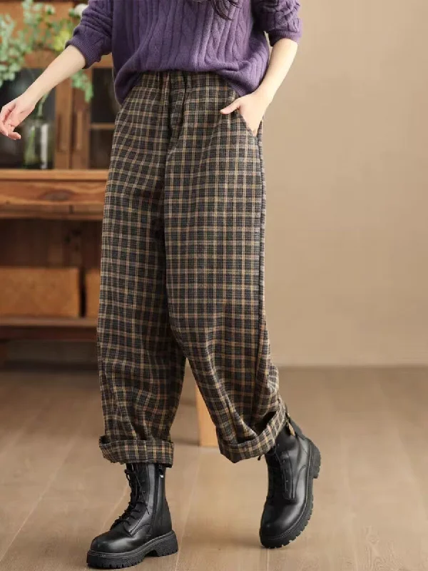 Women Retro Plaid Thickened Woolen Wide-Leg Casual Pants Refined Women's Velvet