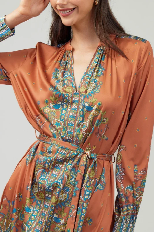 Saving Grace Satin Midi Dress in Rust Earthy Women's 