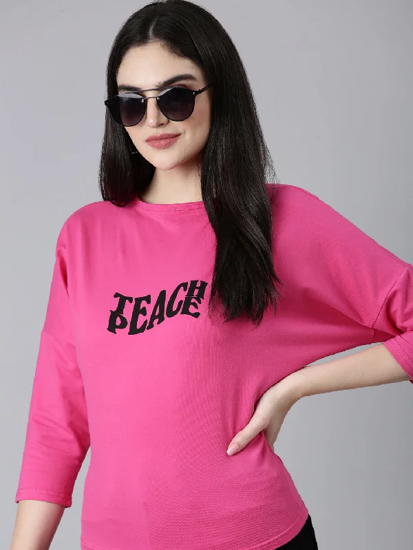 Women Pink Typographic Slim Fit Tshirt Cozy Women's Winter