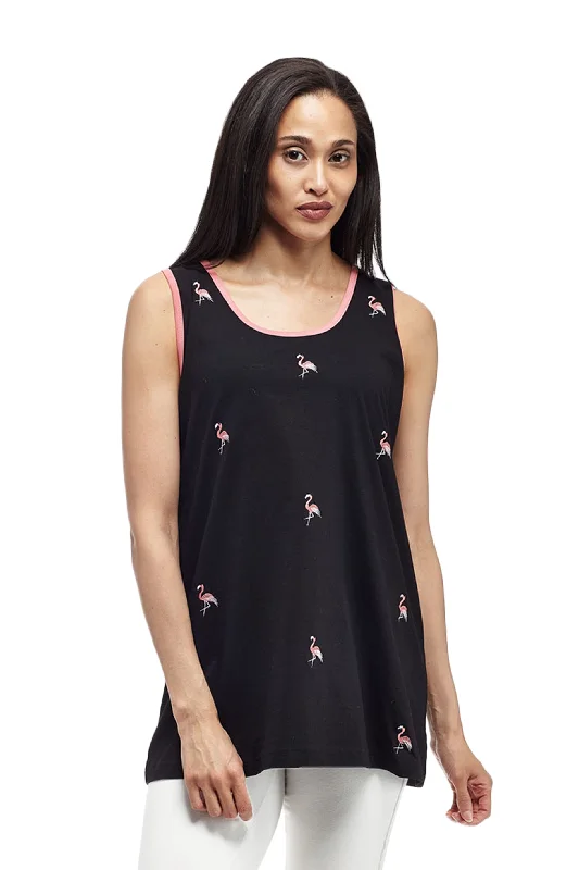 Cotton Knit Tank with Flamingo Embroidery Laid - back Women's Style