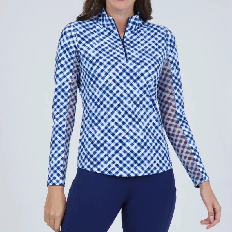 IBKUL Gingham L/S Mock - Blue/White Preppy Women's College