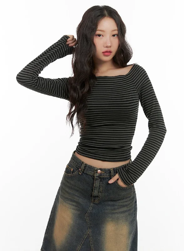 Stripe Square Neck Long Sleeve CG423 Stylish Women's Tropical 