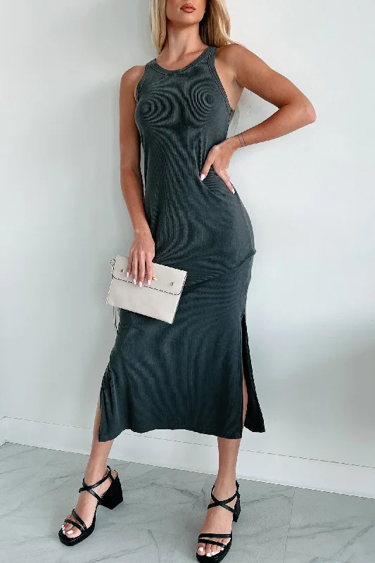 Chances Are Ribbed Tank Midi Dress (Charcoal) Vintage Women's 1970S 