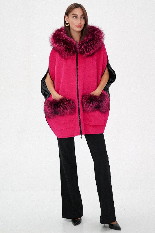 Saga®Furs Silver Fox Wool Alpaca Poncho in Fuchsia Sharp Women's Italian