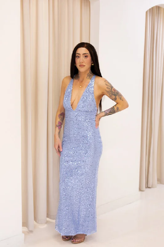 NEW PAYTON PLUNGE SEQUIN MAXI DRESS (BLUE) purpose