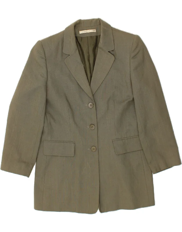 CLASSICS Womens Longline 3 Button Blazer Jacket UK 14 Medium Khaki Minimalist Women's Casual