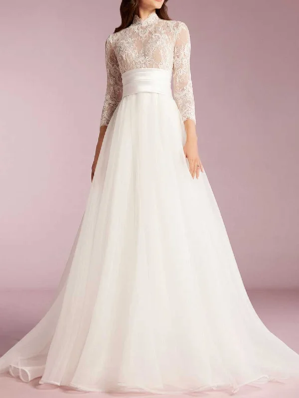 Lace Wedding Dress With 3/4 Sleeves A Line High Neck Stylish Women's Neon