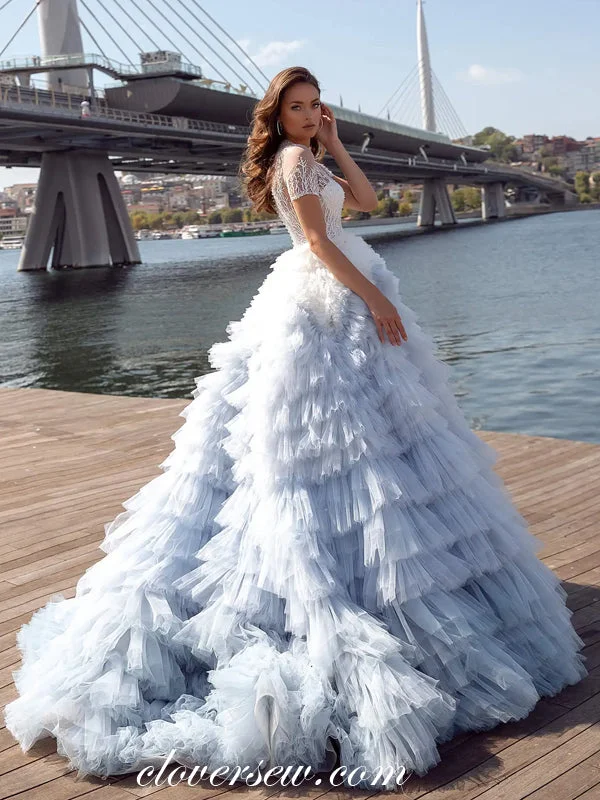 White Light Dusty Blue Ruffles Tulle Beading Lace Tiered Ball Gown Princess Wedding Gowns, CW0376 Monochromatic Office Style White Light Dusty Blue Ruffles Tulle Beading Lace Tiered Ball Gown Princess Wedding Gowns, CW0376 Monochromatic Office Style